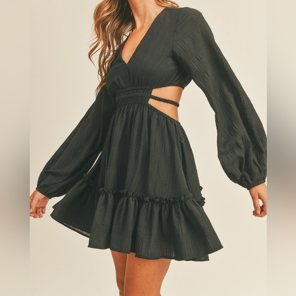 Mable Black Sides Cutout Mini Dress Long Sleeve V-Neck Ruffle Hem Size M